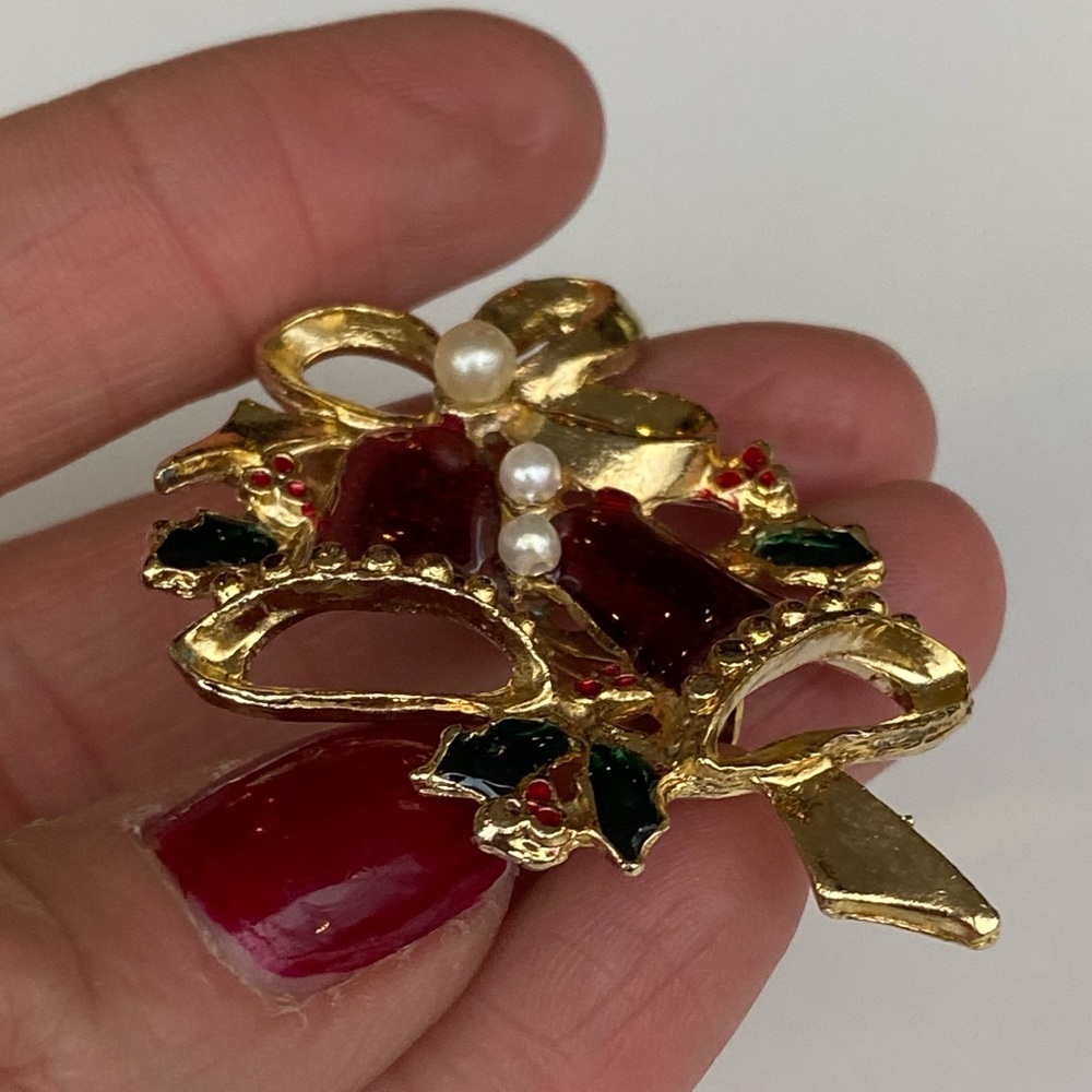 Vintage Red Enamel Christmas Bells Brooch Holiday Xmas Jewelry Pin - Picture 3 of 6